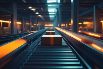 Fototapeta premium An automated conveyor belt with packages illuminated by warm orange lighting in a modern warehouse.