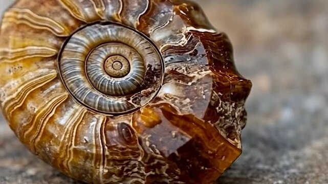 Detailed Close Up of Brown Spiral Fossil Shell on Weathered Stone Showing Surface Texture