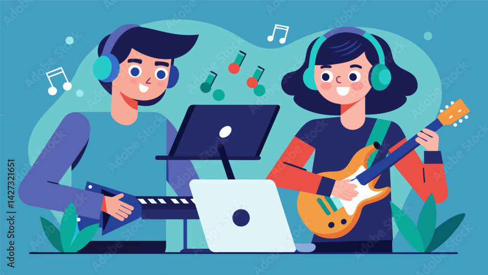 Poster playing virtual instruments together as two friends jam out on their tablets and create their own di