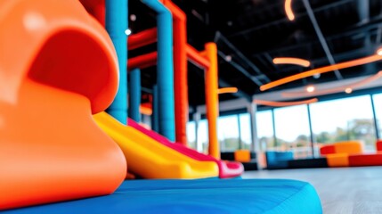 A vibrant indoor playground features bright slides and comfortable seating, inviting children to play and explore in a safe environment