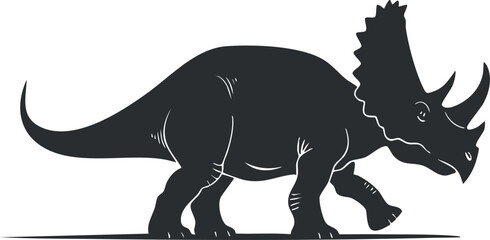 A silhouette illustration of a triceratops dinosaur walking in a stylized design. © vadymstock
