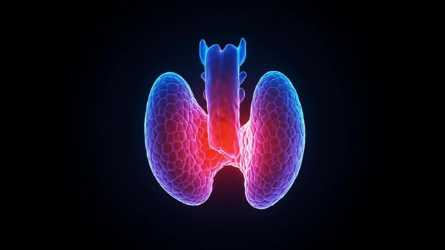 3D illustration of thyroid gland in glowing red and blue
