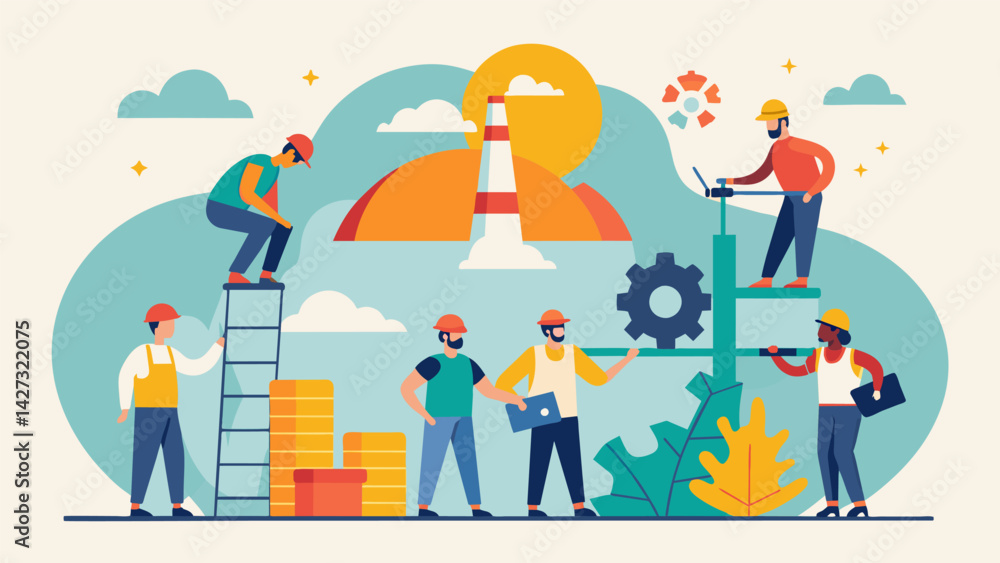 Aufkleber the area is a symphony of progress and perseverance with workers of various trades coming together t