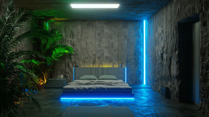Modern futuristic bedroom with neon blue lighting, stone walls, tropical plants, and minimalist interior in a cave-like setting