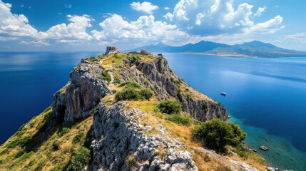 Elevated coastal promontory vista overlooking expansive seascape beneath azure skies
