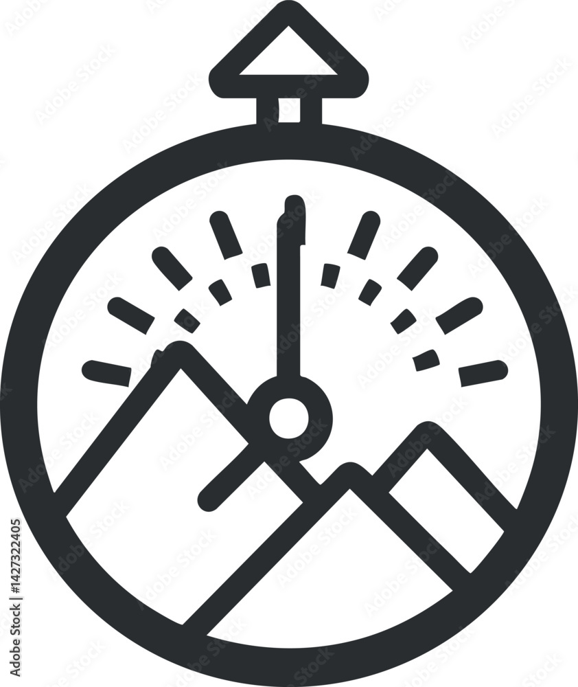 Poster a stylized icon representing a timer with mountains, symbolizing adventure and exploration in nature