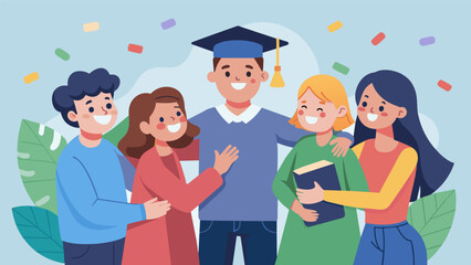 Fototapeta premium An emotional student surrounded by family and friends receiving a donation towards their education costs through their crowdfunding page.. Vector illustration