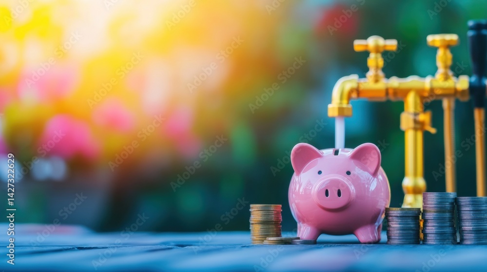 Poster a piggy bank sits next to stacks of coins with a golden faucet, representing the idea of saving mone