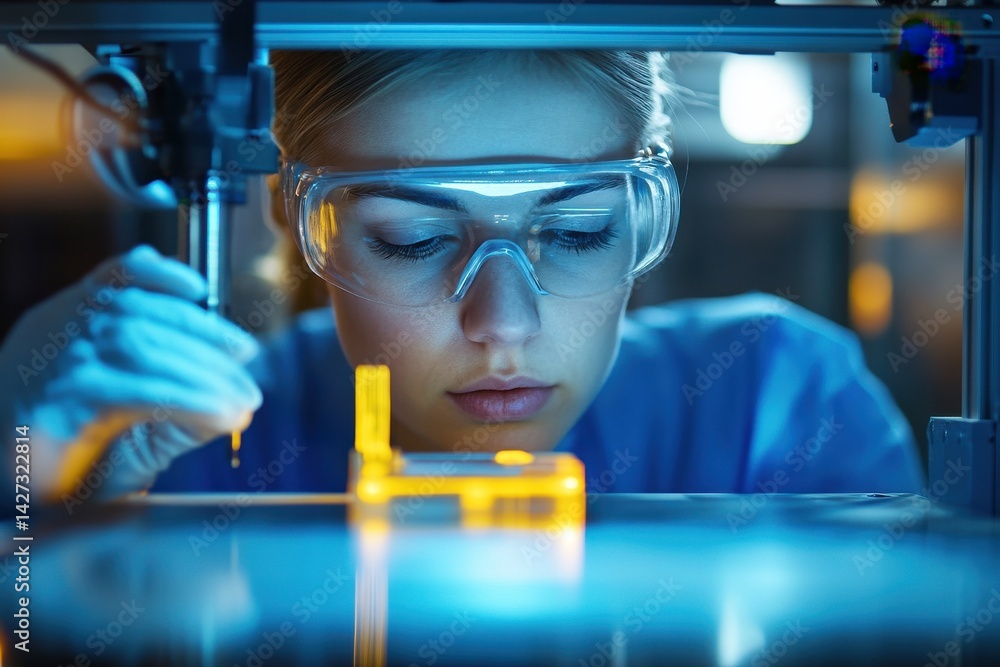 Poster focused female scientist in lab goggles conducting experiments with advanced technology.