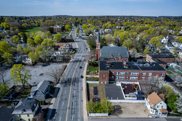 Aerial view of Newton, Massachusetts in spring