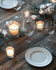 Fototapeta premium Elegant dining table setting with candles and cotton decor for a warm, welcoming atmosphere.