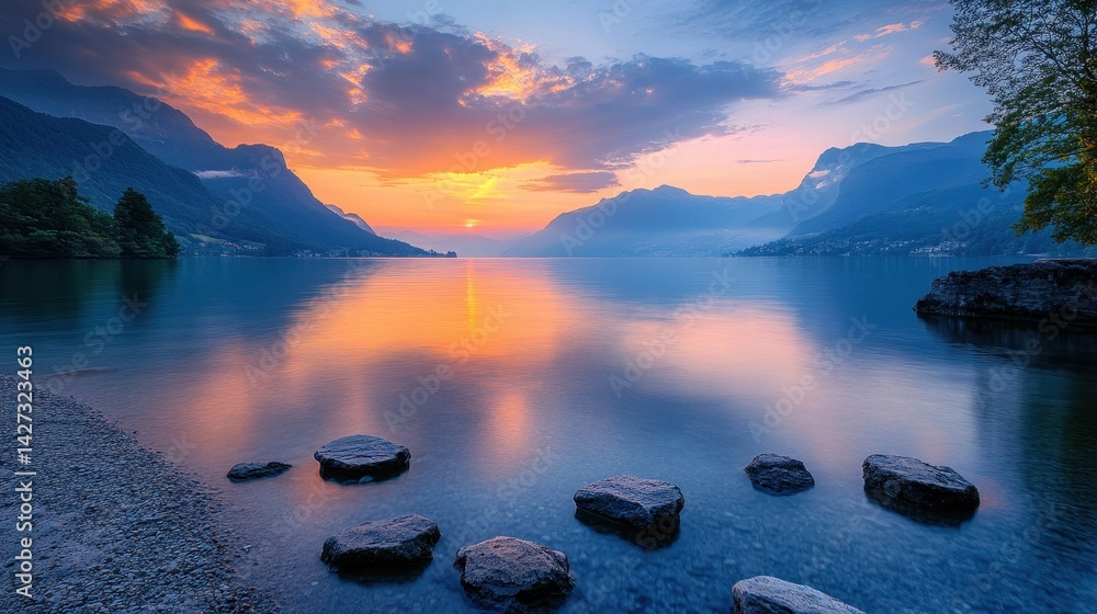Aufkleber sunset reflecting on tranquil lake with rocky shore and mountains in the background near a serene vi