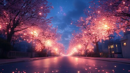 Pink Cherry Blossom Avenue At Night Photo With Glowing Lights And Starry Sky