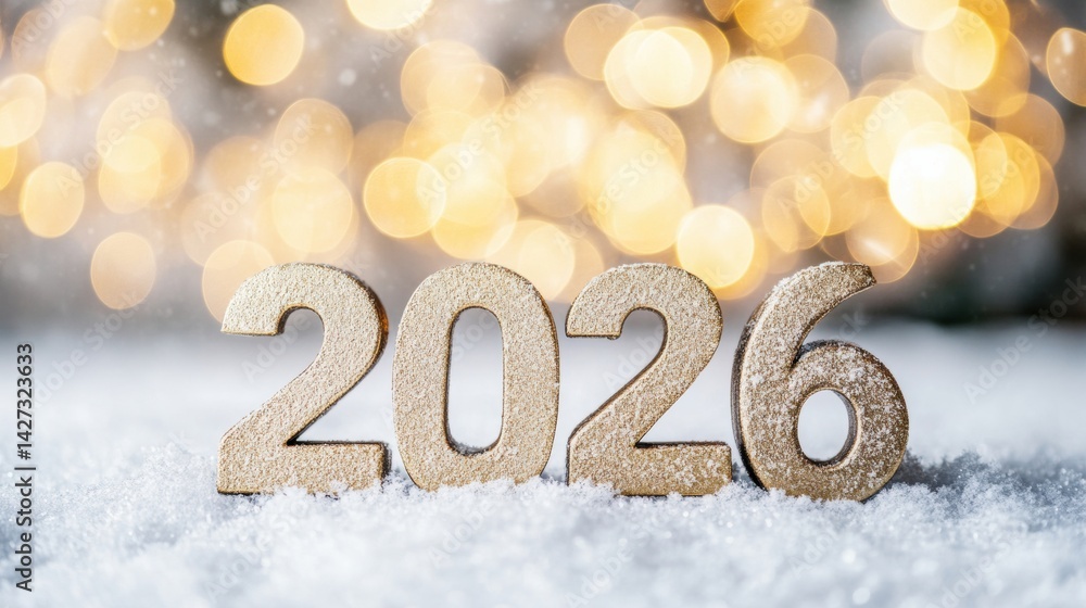 Poster golden numbers 2026 are placed on a snow-covered surface, gleaming against a backdrop of warm, spark