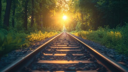Fototapeta premium Railway track stretches toward the setting sun through dense green woods