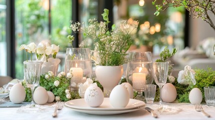Fototapeta premium Elegant Easter tablescape with ceramic egg holders, candles, and spring greenery