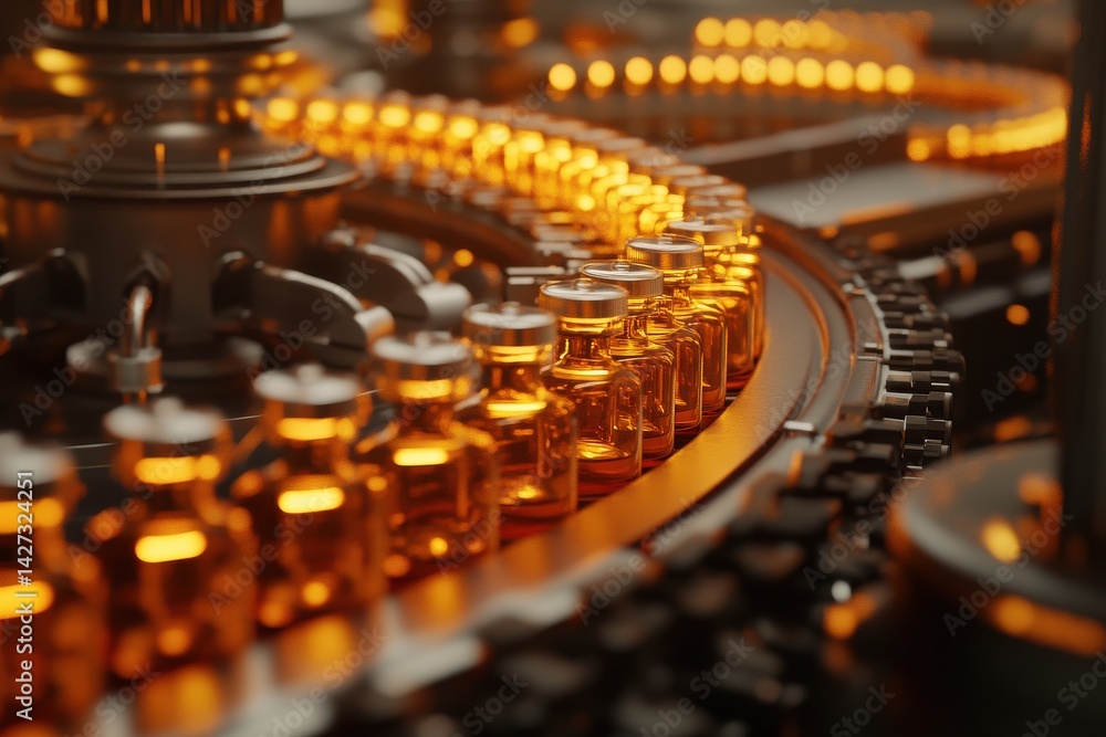 Aufkleber close-up of an automated production line with illuminated vials moving on a conveyor belt.