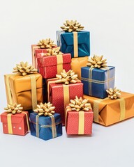 Colorful gifts stacked with golden bows, perfect for celebrations and holidays.