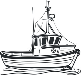 A detailed illustration of a classic tugboat navigating through water.