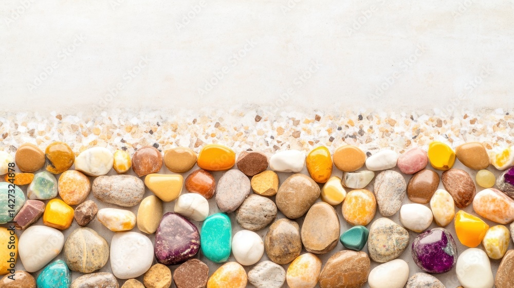 Poster a variety of colorful stones line the bottom edge of a smooth surface, adding a decorative touch to 
