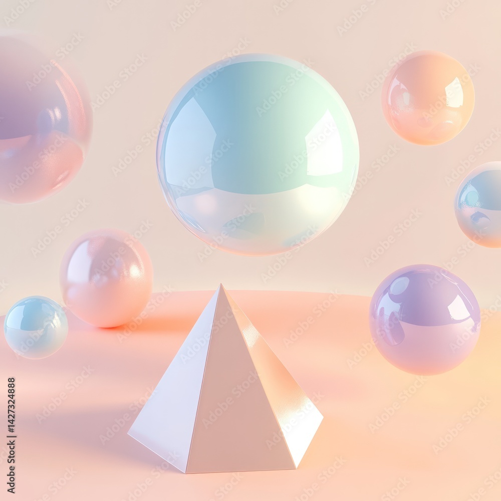Poster pastel geometric shapes in soft lighting. floating spheres and a pyramid on a muted backdrop