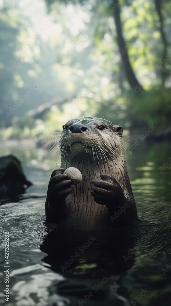 Poster a playful otter holds a smooth stone in its paws while floating in a tranquil forest stream.