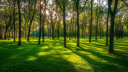 Obraz premium Sunlit Forest Path With Lush Green Grass