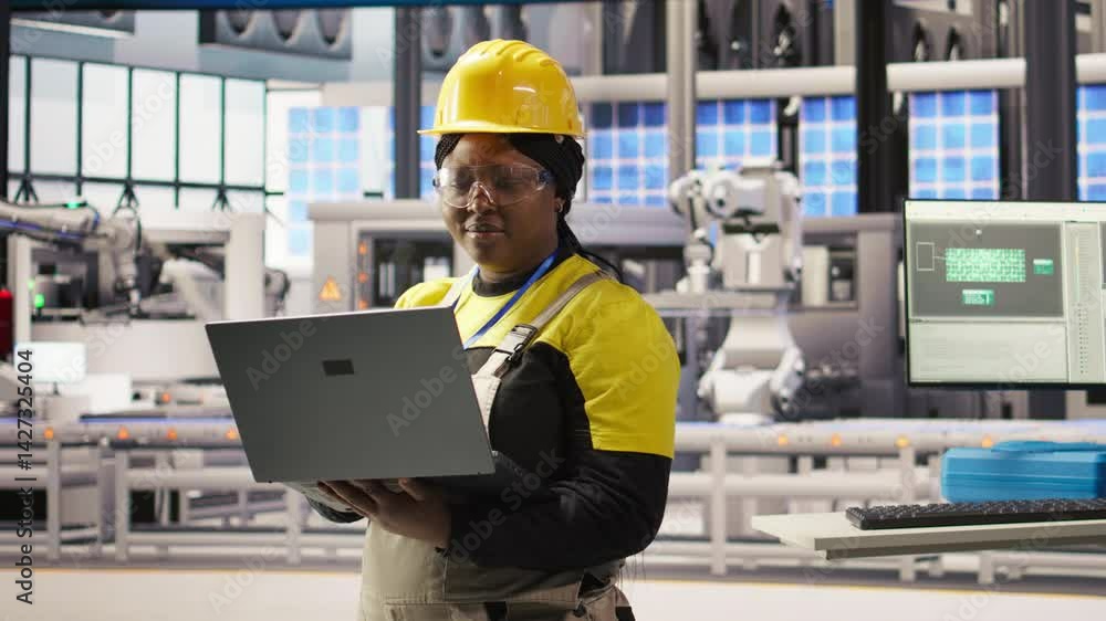 Poster engineer performing predictive maintenance using laptop, analyzing iot sensor data, managing operati