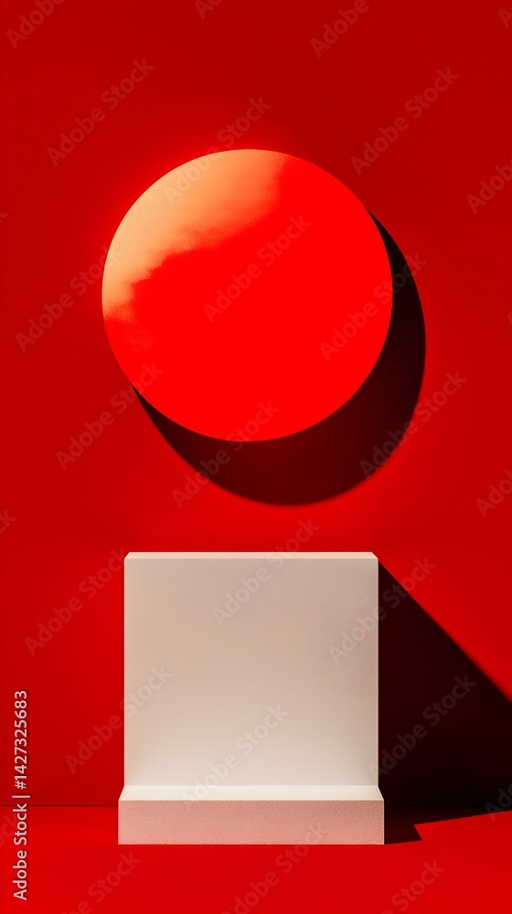 Poster abstract red and white studio background with a podium and an oval shape. ideal for product presenta