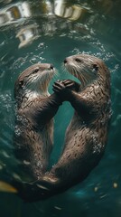 Fototapeta premium Two playful otters engage in a joyful underwater embrace, showcasing their affection in a vibrant aquatic setting.