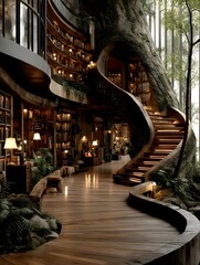 Library within a hollowed-out ancient tree, with wooden spiral staircase and glowing books. Light filters through the leaves, evoking calm and imagination—ideal for fantasy or nature-inspired designs.