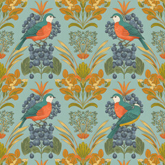 Pattern of birds, berries, and flowers