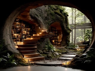Library within a hollowed-out ancient tree, with wooden spiral staircase and glowing books. Light filters through the leaves, evoking calm and imagination—ideal for fantasy or nature-inspired designs.
