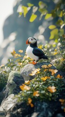 Fototapeta premium An Atlantic puffin perched on a rocky outcrop surrounded by vibrant wildflowers, showcasing nature's beauty.