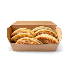 Delicious dumplings in a carton container isolated on white background