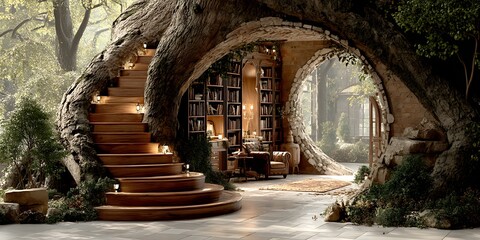Library within a hollowed-out ancient tree, with wooden spiral staircase and glowing books. Light filters through the leaves, evoking calm and imagination—ideal for fantasy or nature-inspired designs.