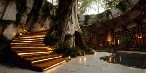 Library within a hollowed-out ancient tree, with wooden spiral staircase and glowing books. Light filters through the leaves, evoking calm and imagination—ideal for fantasy or nature-inspired designs.
