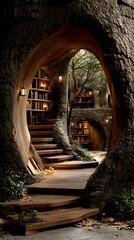 Library within a hollowed-out ancient tree, with wooden spiral staircase and glowing books. Light filters through the leaves, evoking calm and imagination—ideal for fantasy or nature-inspired designs.