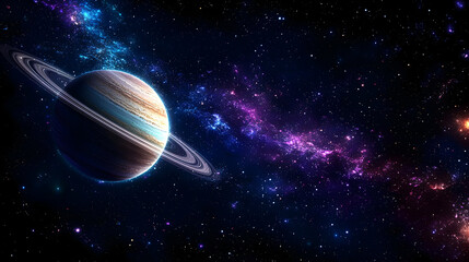 Pixelated Colorful Planet With Rings In Outer Space