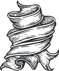 A decorative ribbon illustration with a flowing and curled design ideal for various artistic uses.