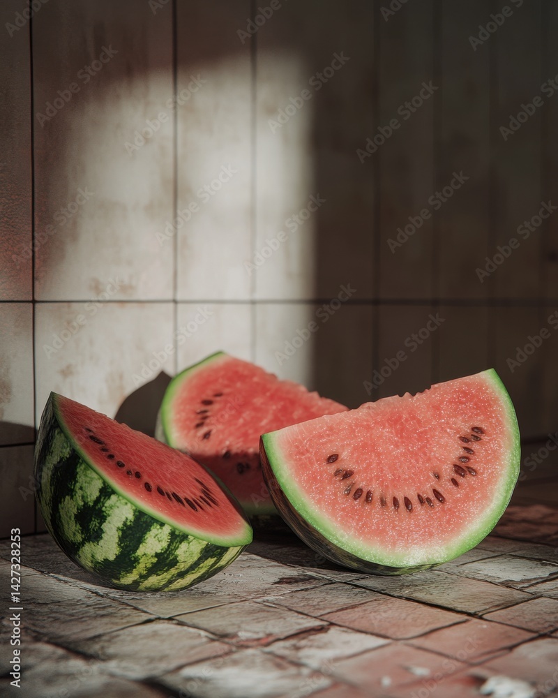 Poster fresh watermelon slices on a textured surface with warm lighting creating a cozy atmosphere.