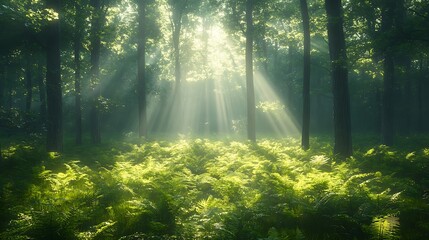 Obraz premium Radiant Sunbeams Shining Through Verdant Forest Canopy Photo
