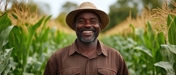 Smiling cornfield farmer in brown shirt and hat standing between rows of green crops