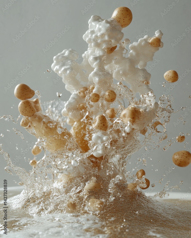 Poster dynamic splash of bubbles and foam with contrasting earthy tones, creating an energetic and playful 