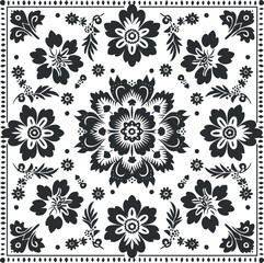 A seamless black and white floral pattern featuring intricate flower designs and ornamental elements.