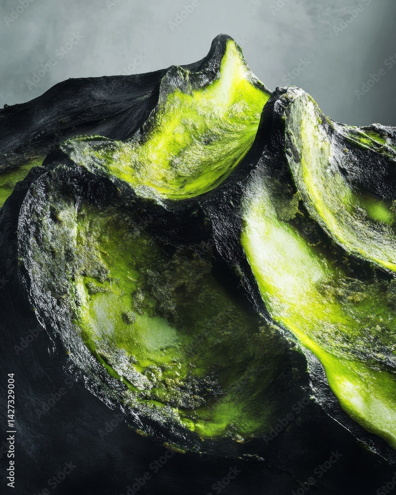 Poster abstract close-up of vibrant green and textured black organic material creating an intriguing visual