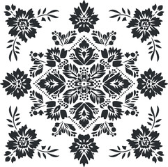 A detailed black and white floral pattern featuring intricate designs and symmetrical arrangements.