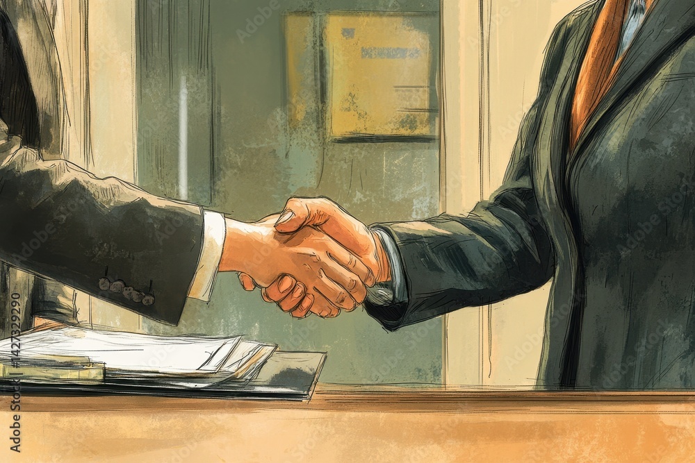 Poster warm handshake between a business professional and a receptionist in a bright lobby during afternoon
