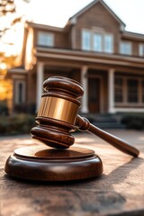 Obraz premium Wooden gavel in front of suburban house sunlit real estate law theme front view low angle