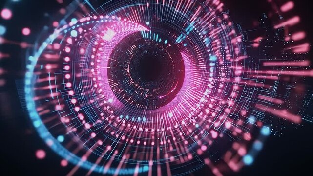 Cybernetic Core: A vibrant, futuristic abstract art piece showcasing a pulsating, circular structure with intricate digital patterns and a mesmerizing neon glow, evoking themes of technology.